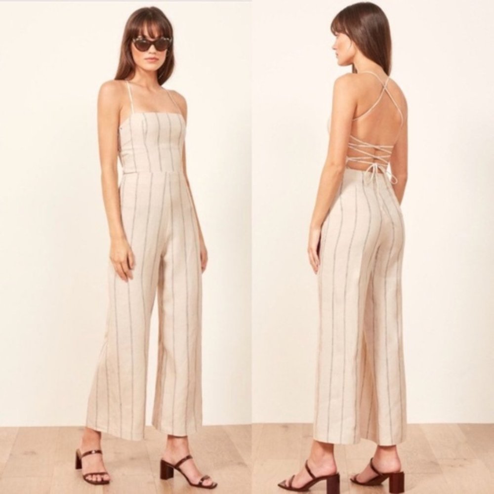 Reformation Jager Jumpsuit Size 8 Color Cream/Navy
